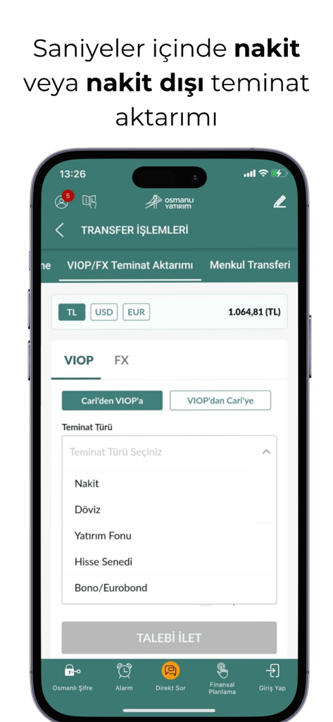 Osmanlı Aktif Trader - Mobile app interface for transferring cash and non-cash collateral in Osmanlı Aktif Trader.