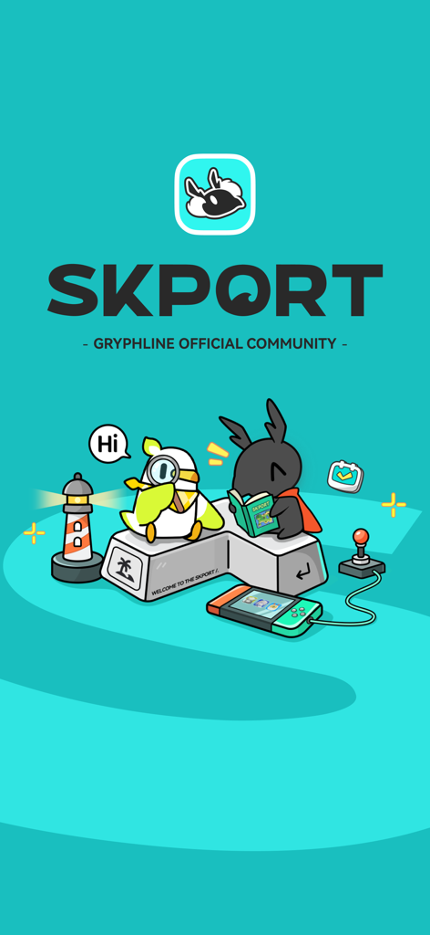 Splash screen for the SKPORT Gryphline official community app featuring cute mascots on a giant computer key with gaming accessories.