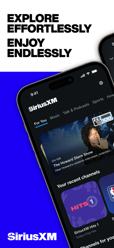 SiriusXM mobile app interface showing personalized music and talk show recommendations on an iPhone