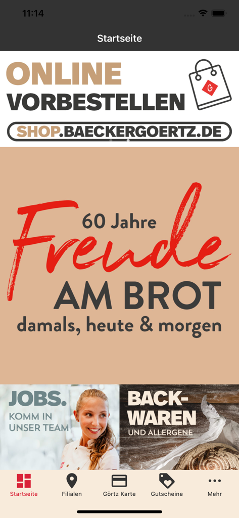 Bäcker Görtz - The home screen of the Bäcker Görtz bakery app displaying an online pre-order banner and bottom navigation menu.