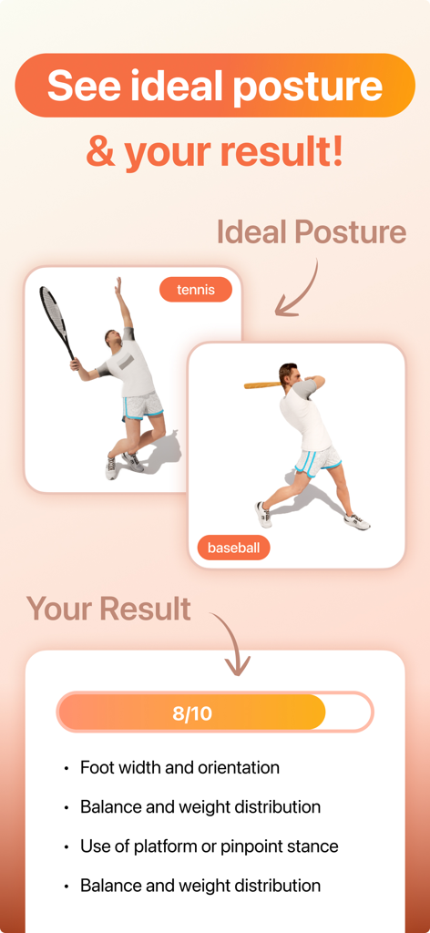 CoachIQ: AI Technic Analyzer - CoachIQ app interface comparing ideal posture for tennis and baseball with an AI performance score and technique breakdown.