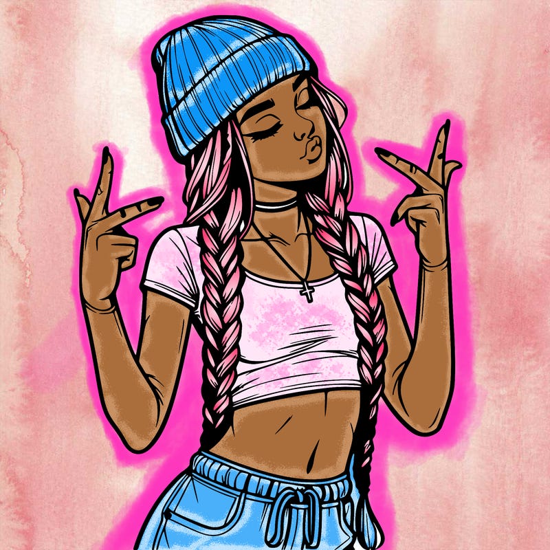 realistic teenage girl with braids and a beanie and crop top doing 🫶🏼