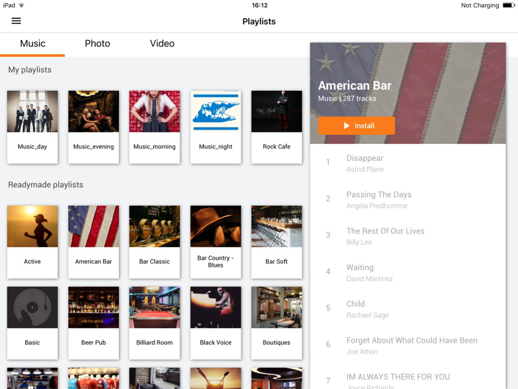BUBUKA for iPad - Interface of BUBUKA for iPad showing music playlists for business environments like bars and boutiques