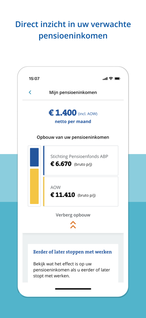 ABP Pensioen - ABP Pensioen app interface displaying monthly net income and pension breakdown