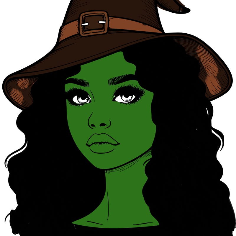 realistic girl with wavy hair a witch hat and a nose and lips and eyes