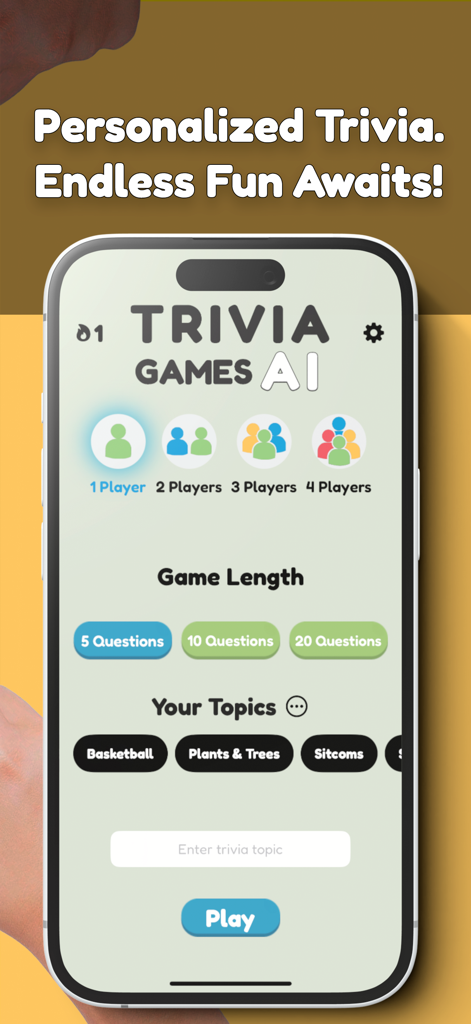 Trivia Games AI - Party Games - App interface showing multiplayer trivia game setup with player count and custom topic selection