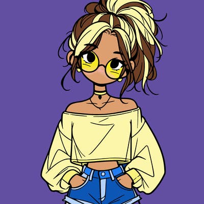girl with a messy ponytail glasses a baggy crop top and jean shorts