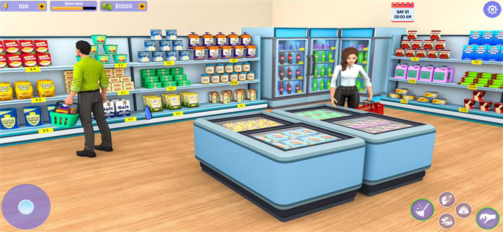 Dog Food Supermarket Simulator - Gameplay of a supermarket simulator showing 3D characters in a grocery store with stocked shelves