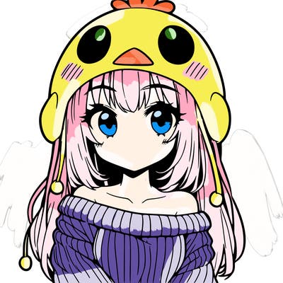 anime girl with chick shaped hat with sweater with bare shoulders with bangs covering them one eye with low tail