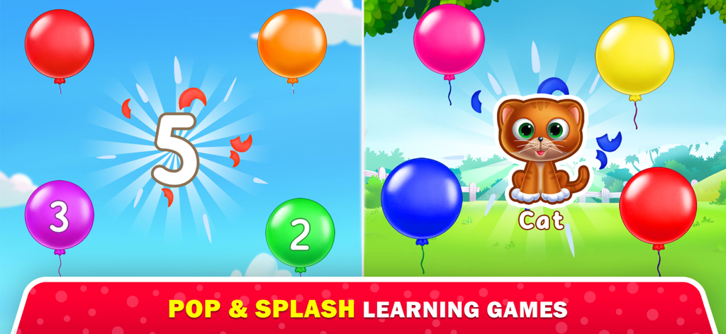 Playbees - Kids Learning Games - Interfaz de un juego de aprendizaje preescolar que muestra globos de colores con números y un lindo gato de dibujos animados utilizado para actividades interactivas de explotar y salpicar.