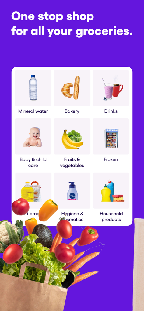 Yassir Market interface showing grocery categories including fruits bakery and household products