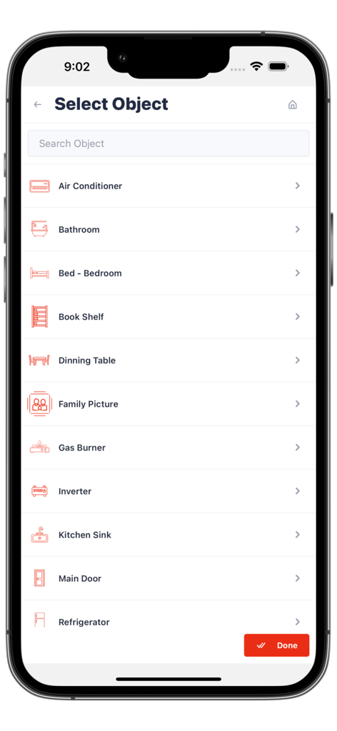 AI Vastu Compass - AI Vastu Compass app interface showing a list of selectable household objects for analysis like air conditioner, bedroom, and main door.
