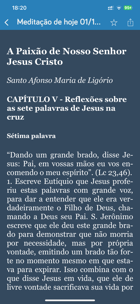 Daily meditation screen in the Pocket Terço app featuring religious reflections on the Passion of Christ