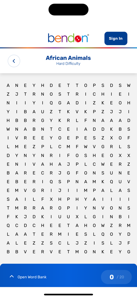 Bendon Word Search - Bendon Word Search game screen showing an African Animals themed puzzle grid on hard difficulty.