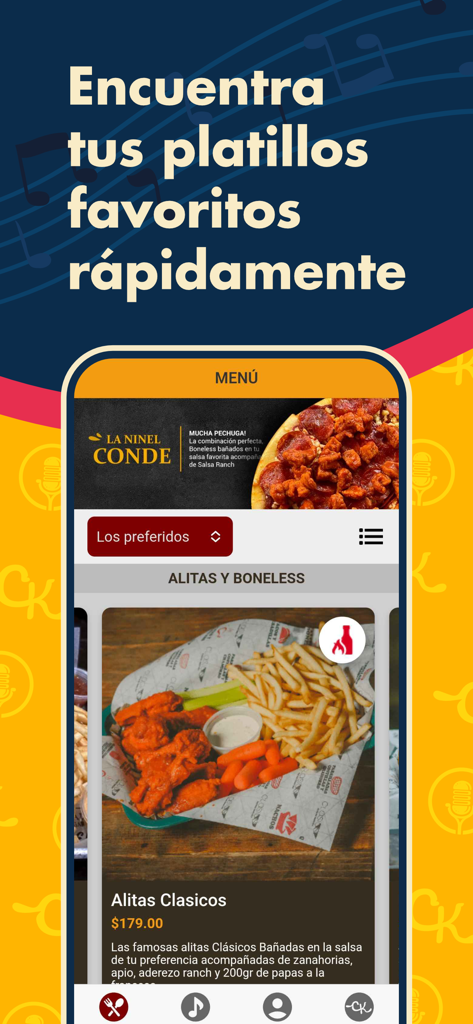 Clasicos Karaoke - Mobile app screen showing the food menu for Clasicos Karaoke with a photo of chicken wings.