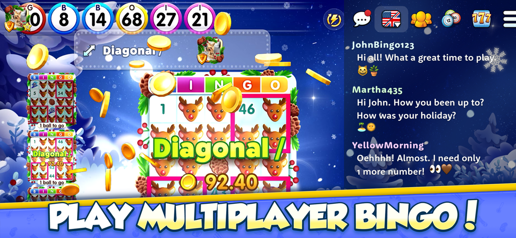 GamePoint Bingo Games of Bingo - A screenshot of GamePoint Bingo showing a multiplayer game with a winter theme, reindeer bingo cards, falling coins, and a live chat window.