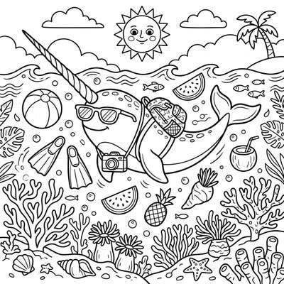 Get ready for a splash of summer fun with this adorable narwhal coloring page! Our 'unicorn of the sea' is all set for an exciting tropical vacation, complete with sunglasses and a backpack.