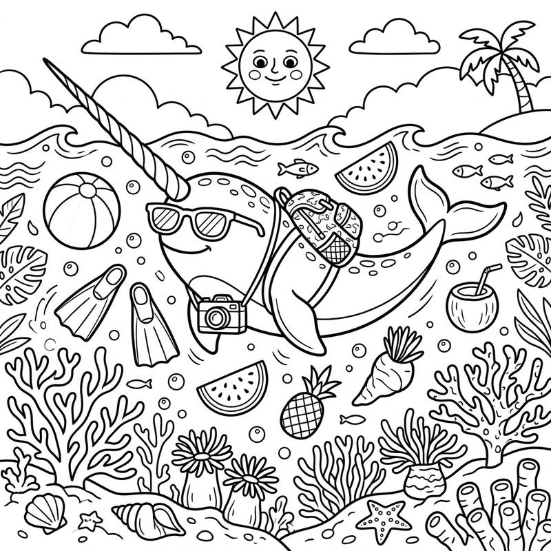 Get ready for a splash of summer fun with this adorable narwhal coloring page! Our 'unicorn of the sea' is all set for an exciting tropical vacation, complete with sunglasses and a backpack.