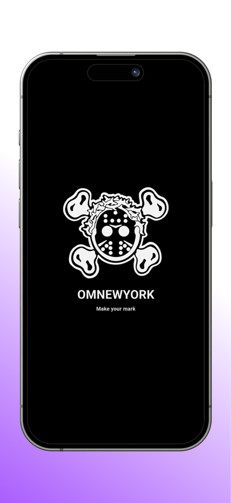 OM NEWYORK - OM NEWYORK app splash screen displaying a white skull and crossbones logo with the tagline Make your mark on a black background