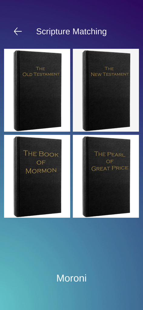 A scripture matching game screen from the LDS Quiet Games app showing different books of scripture.