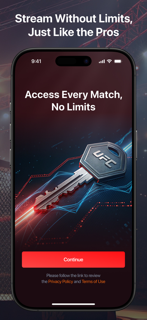 FightNet VPN - Pantalla de bienvenida de FightNet VPN con una llave con marca UFC que representa acceso ilimitado a streaming deportivo