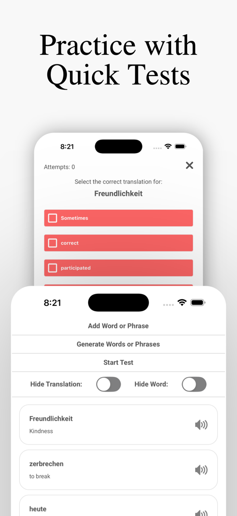 Interface de l'application SprechenAI montrant un quiz de traduction de vocabulaire allemand et une liste de mots avec des icônes audio