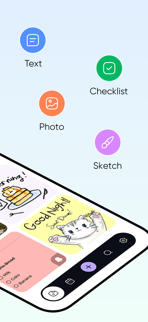 Color Note – Think Clearly - Una interfaz de aplicación móvil que muestra opciones para notas de texto, listas de verificación, fotos y bocetos encima de una cuadrícula colorida de entradas visuales.