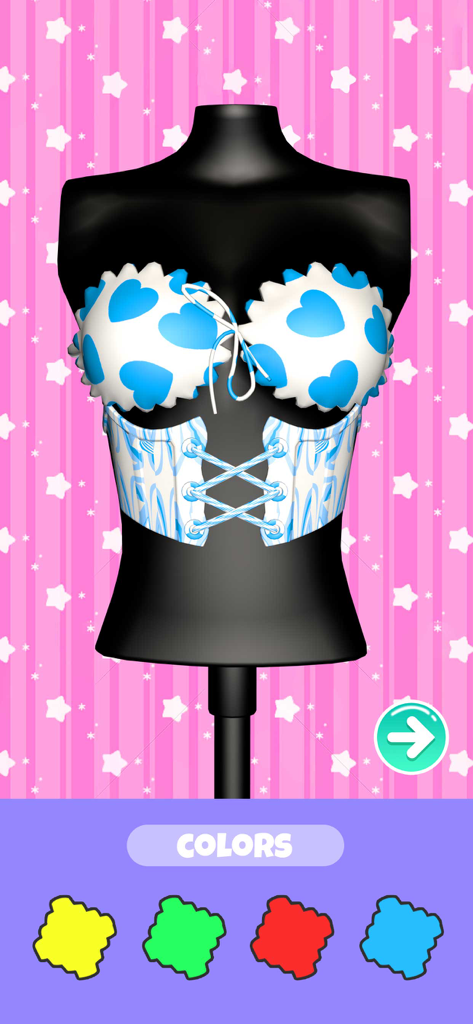 Bikini DIY: Bra Bikini Games - Um mannequin preto exibindo um top de biquíni azul personalizado com estampa de coração e um corpete com cadarços, com um menu de seleção de cores abaixo.