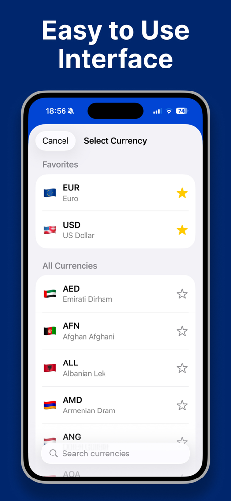 Currency Converter - Curry - Currency selection screen in Curry app displaying favorites and available world currencies