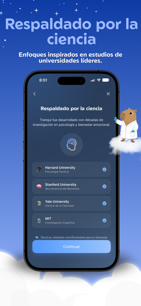 Tranqui - Bienestar Emocional - Tranqui app screenshot showing wellness techniques backed by science and research from leading universities like Harvard and Stanford.