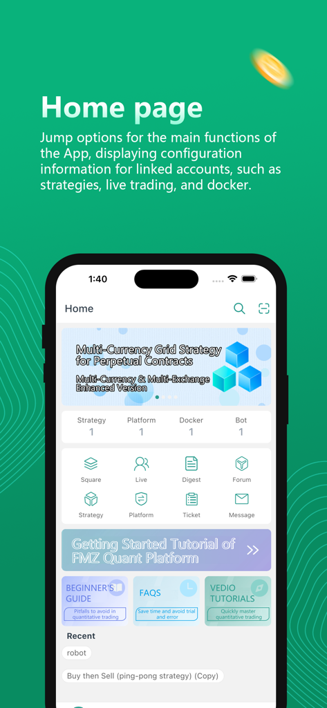 FMZ Quant - Dashboard of the FMZ Quant mobile app showing quantitative trading strategies and account configuration