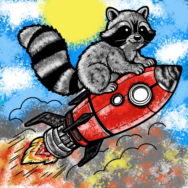 realistic raccoon flying on top rocket ship
