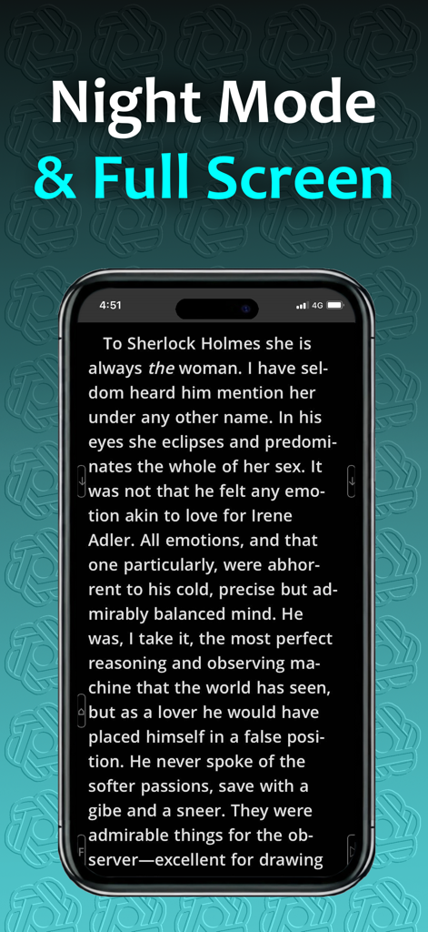 Gutenberg Reader PRO app showing the night mode and full screen feature with Sherlock Holmes classic text