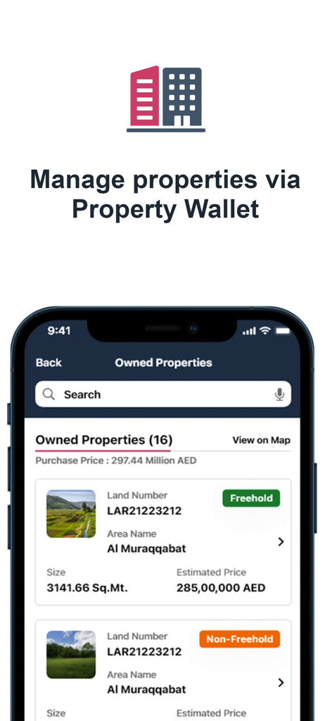 Mobile screen of Dubai REST app showing owned properties list and total portfolio value in the Property Wallet