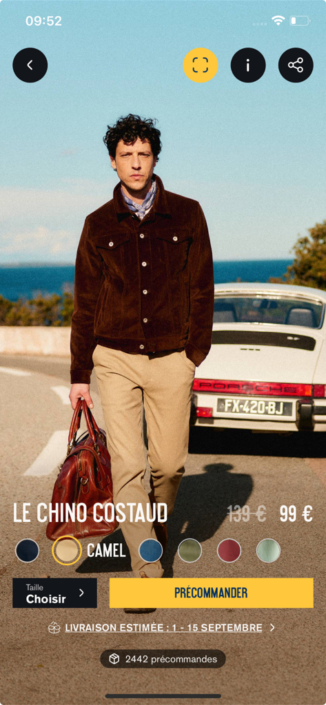 Asphalte - アスファルトブランドの camel chinos の製品ページ、事前注文ボタン、ライフスタイル写真が表示されたモバイルアプリ画面。