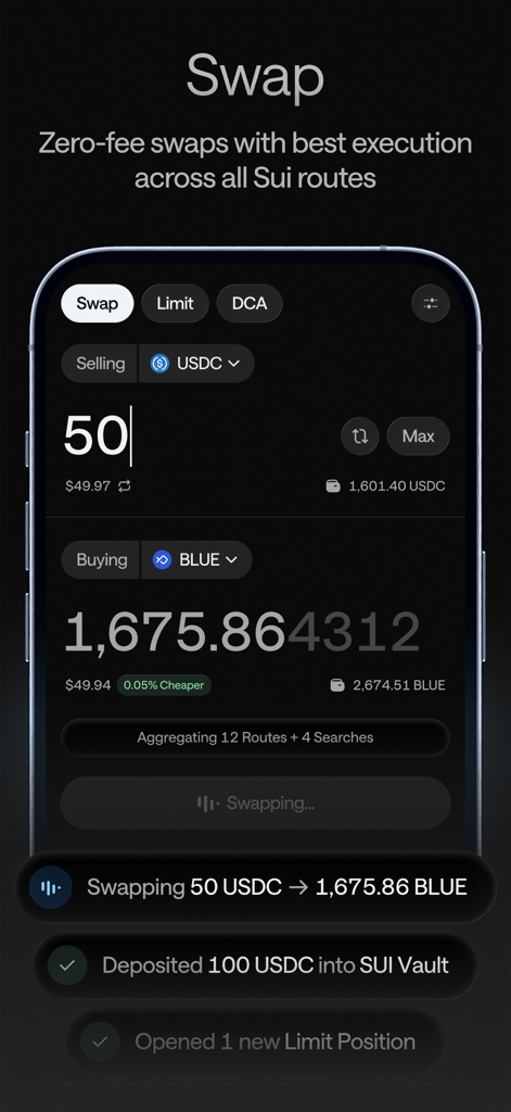 Vera - The Sui Super Wallet - Interface of the Vera Sui Super Wallet showing a zero-fee token swap from USDC to BLUE.