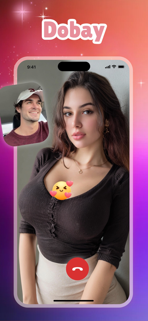 Simulated video call interface showing a male user and an AI girlfriend character on the Dobay app