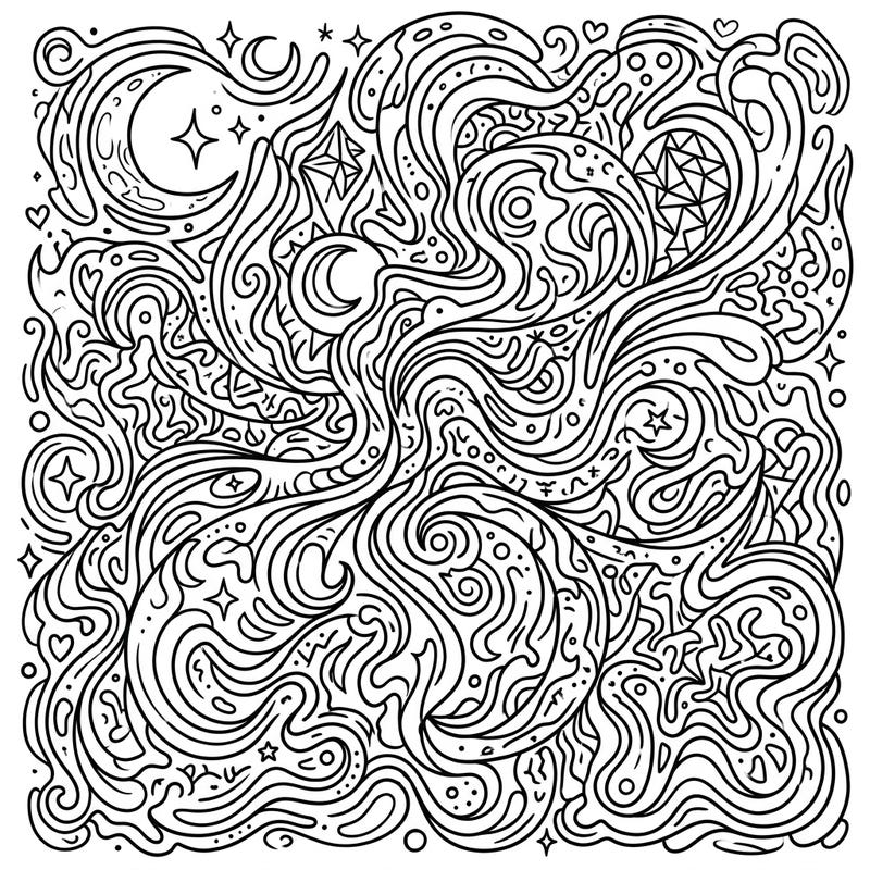 Explore the mesmerizing depths of a Psychedelic Moon Dust coloring experience, where swirling lines and cosmic elements intertwine. This intricate abstract design invites you to unleash your imagination and bring vibrant life to its otherworldly patterns.