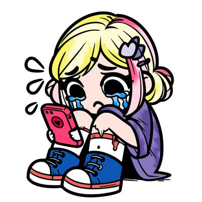 girl sitting down crying with her head down in her phone