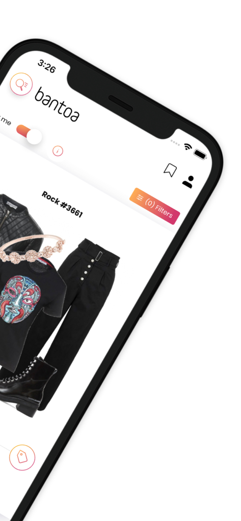 Tela de smartphone mostrando o aplicativo Bantoa com um look selecionado estilo rock preto, incluindo jaqueta de couro e botas