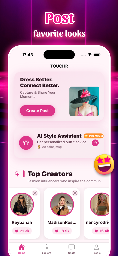 Touchr - Video - Mobile app interface of Touchr showing an AI style assistant and profiles of top fashion creators