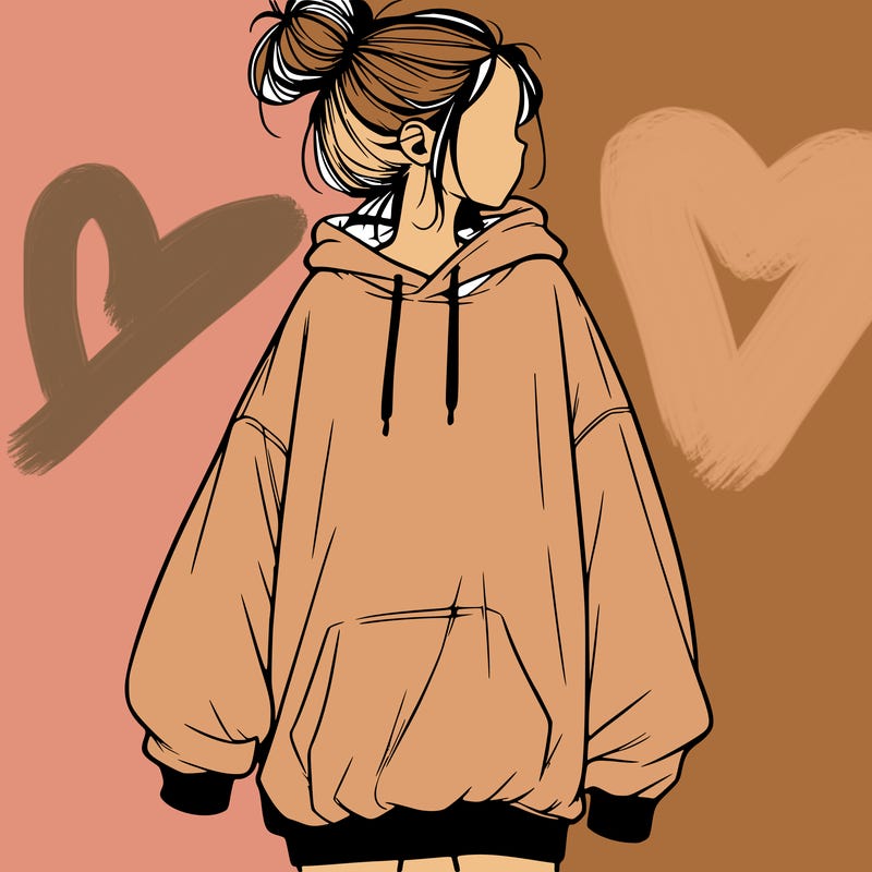 realistic girl with a oversized sweatshirt on and a bun