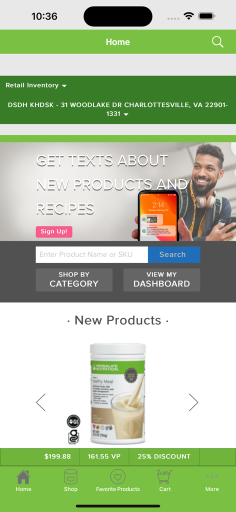Herbalife Shop app home screen showing product search and distributor dashboard options