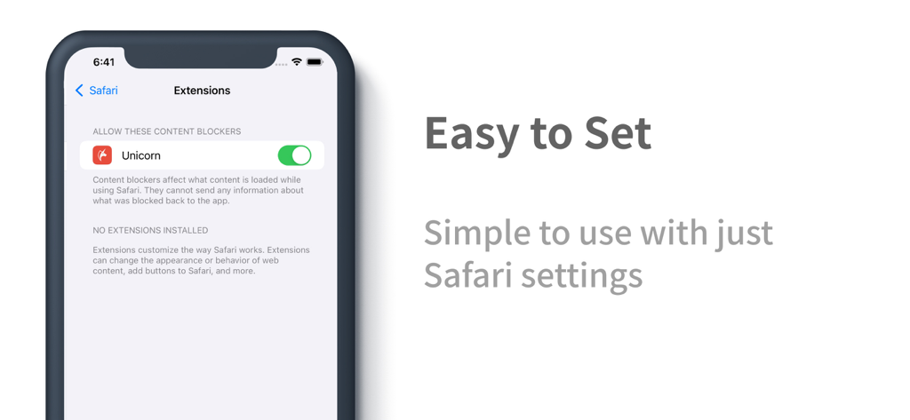 Unicorn Blocker:Adblock - iPhone screen showing the Unicorn Blocker extension enabled in Safari settings