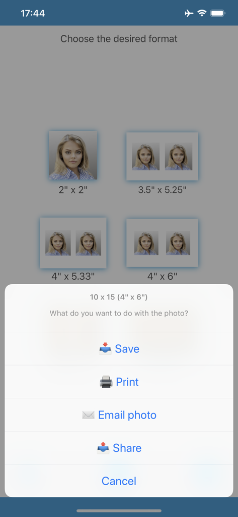 Biometric Passport Photo - A screen showing various passport photo sizes and options to save print or share the image