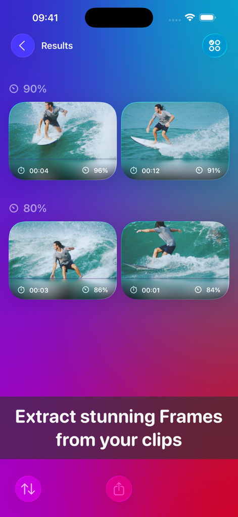 Interface do aplicativo Key Frame exibindo stills de alta qualidade selecionados por IA de um vídeo de surf