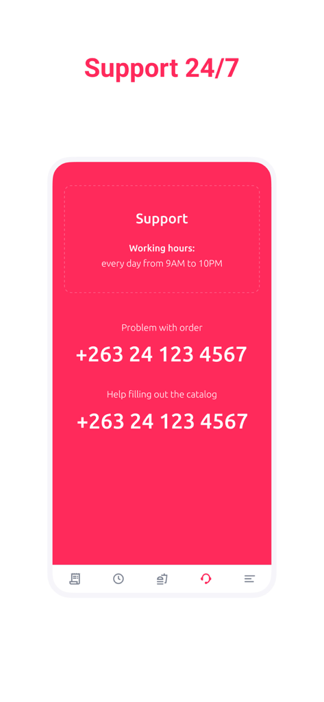 Schermata di supporto dell'app Bereka Merchant che mostra i numeri di contatto del servizio clienti e gli orari di apertura per l'assistenza ai venditori