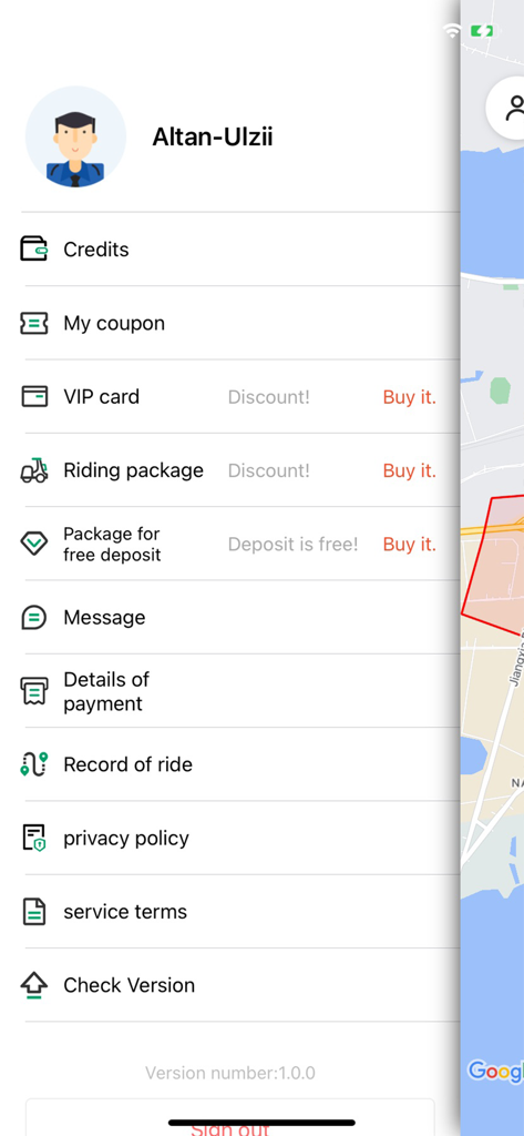 Eco Bike - User profile screen of the Eco Bike app displaying a list of account settings including credits, coupons, and riding packages.