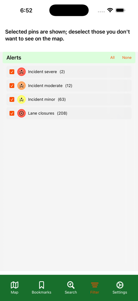 Texas Traveler - Filter screen of the Texas Traveler app showing incident types like severe, moderate, and minor alerts alongside lane closures with checkboxes to toggle map visibility.