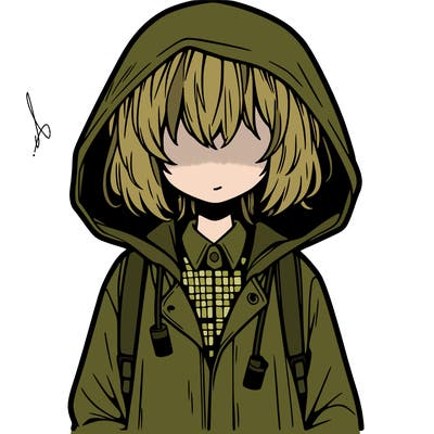 little anime girl in a raincoat her hair is covering her eyes she has a lighter